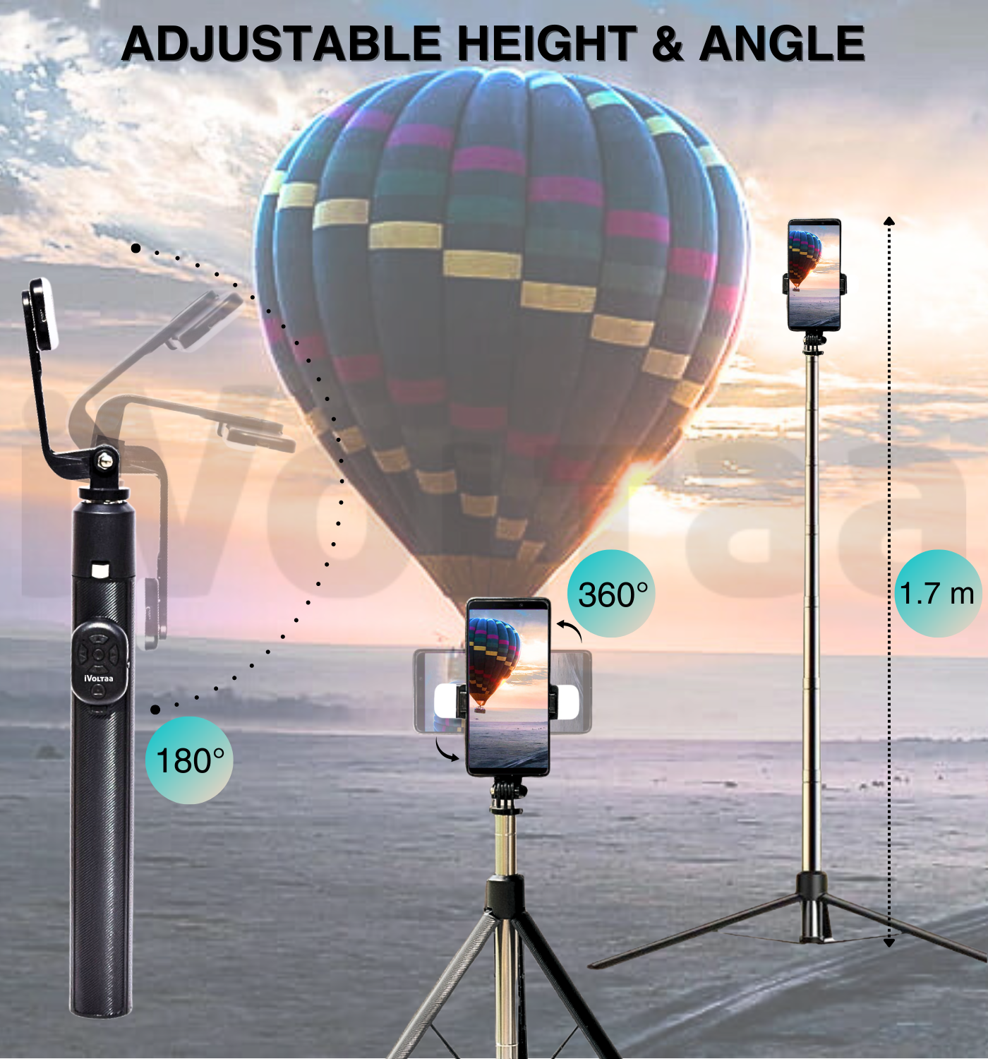 iVoltaa Super Long Extendable Selfie Stick Tripod with Detachable Wireless Remote and LED Flash Lights, in-Built Tripod for Smartphones and Go-Pro