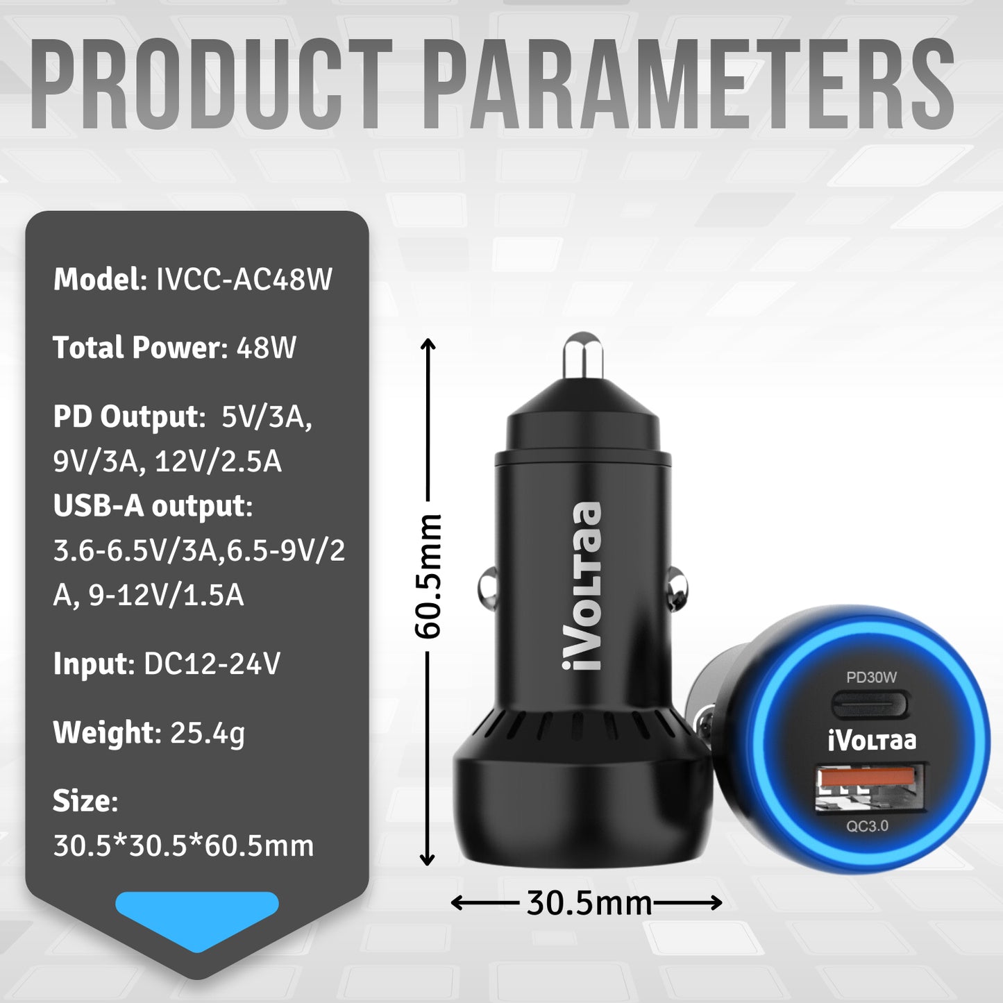 iVoltaa 48W Type-C PD Fast Car Charger Dual Port PD&QC 3.0