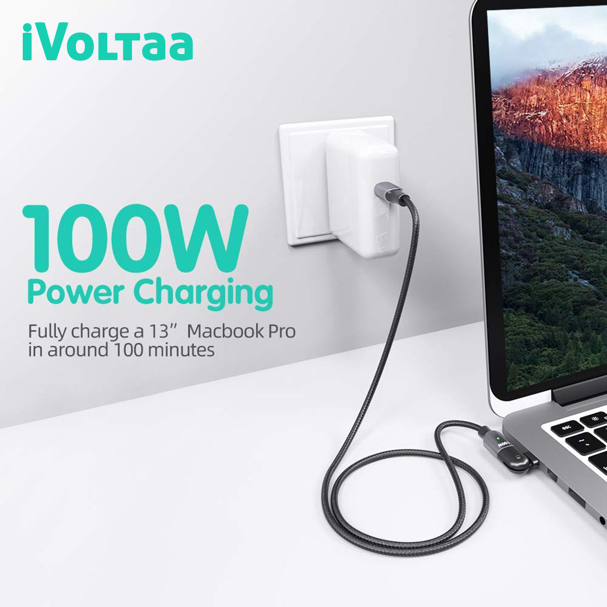 iVoltaa USB Type C Cable 5 A 1.2 m PD 100 Watts 180 Degree Rotation (Compatible with Mobile, Tablet, Laptop, Computer, Camera, Black, One Cable)