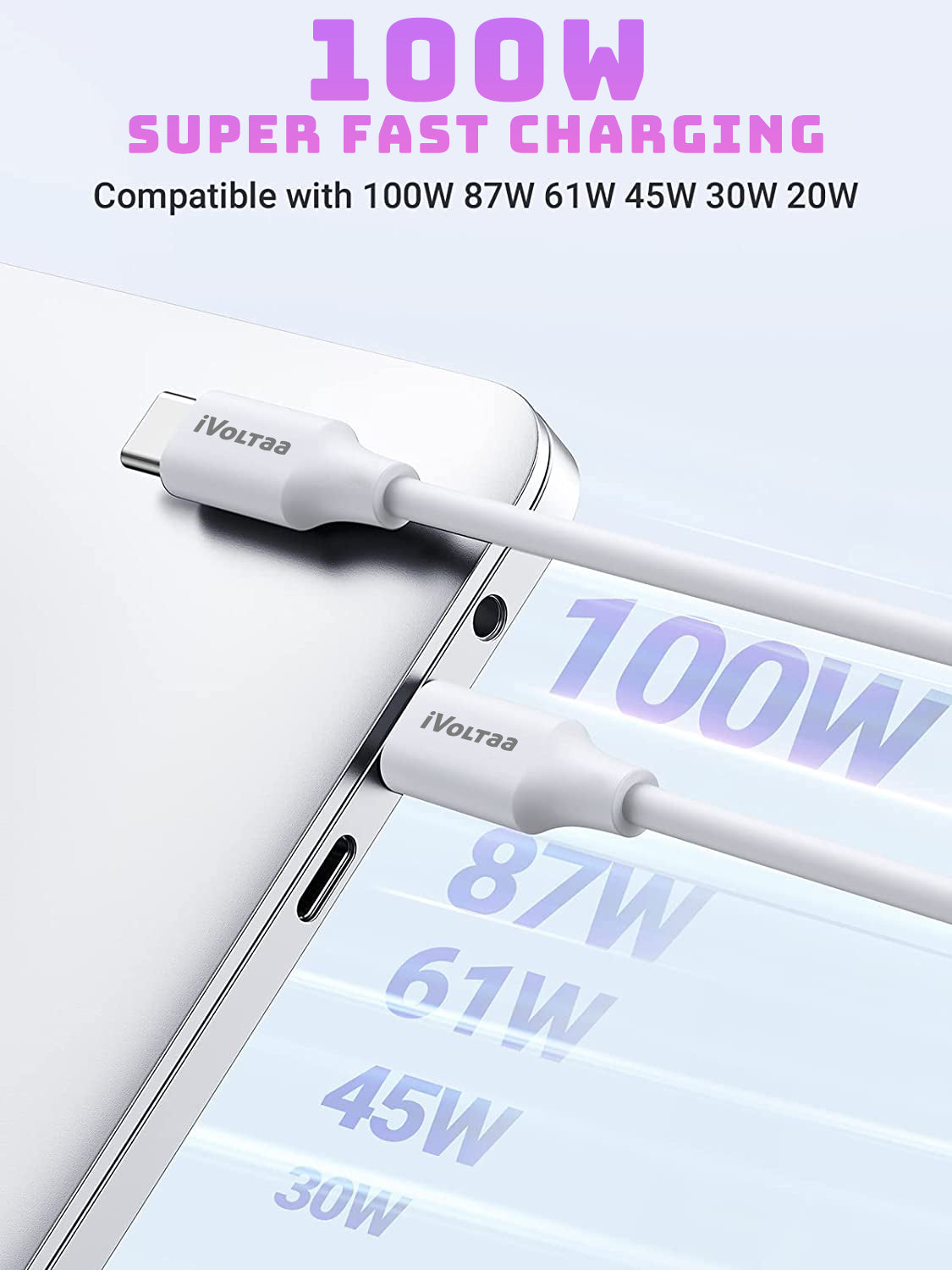 iVoltaa PD 100W USB Type C Fast Charging Cable (20V 5A) - White