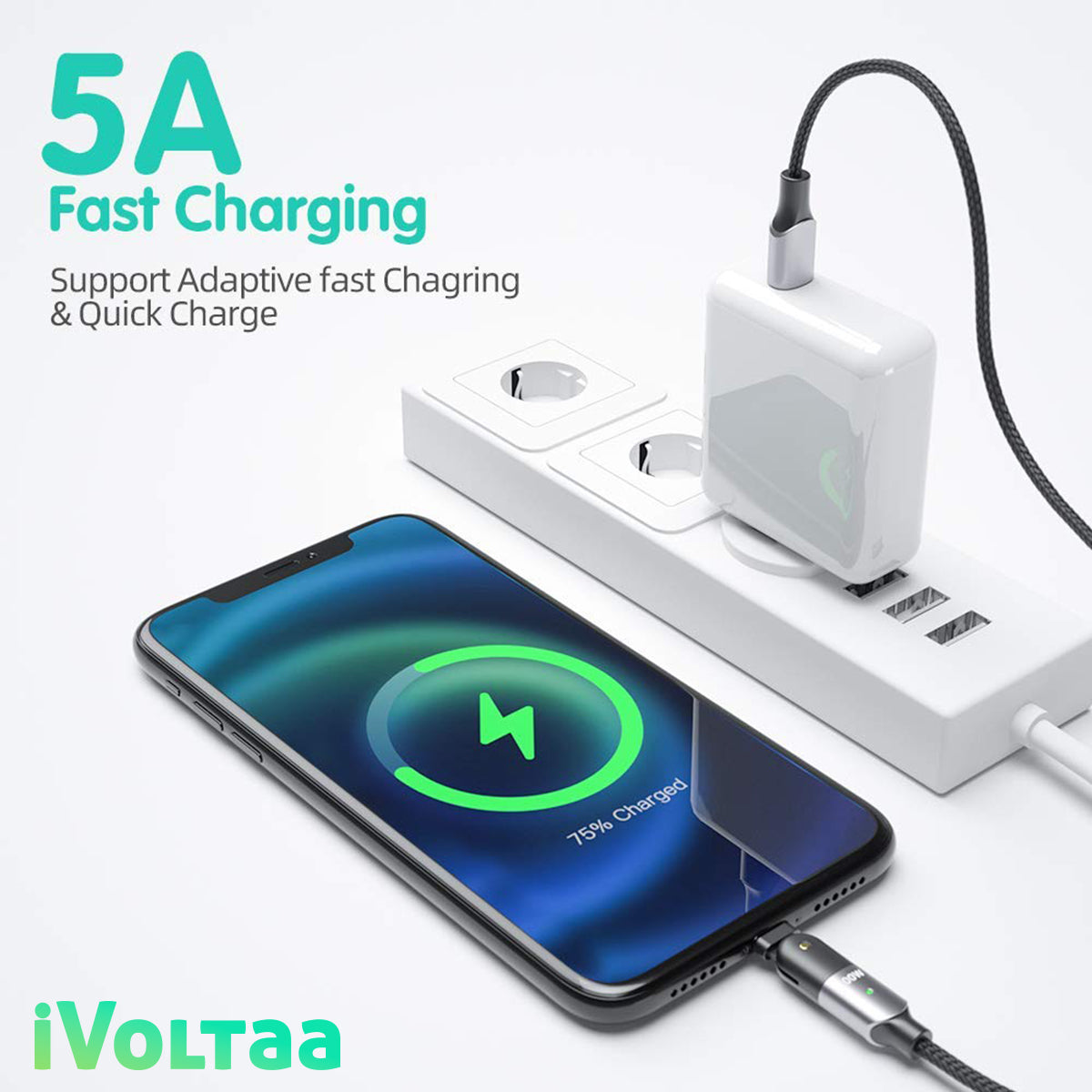 iVoltaa USB Type C Cable 5 A 1.2 m PD 100 Watts 180 Degree Rotation (Compatible with Mobile, Tablet, Laptop, Computer, Camera, Black, One Cable)