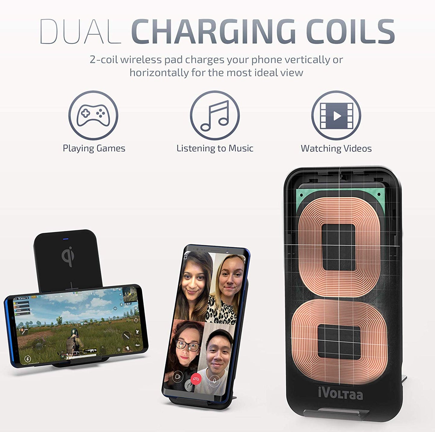 iVoltaa Airbase2 10W Dual Coil Qi Wireless Charging Dock with Type-C Cable