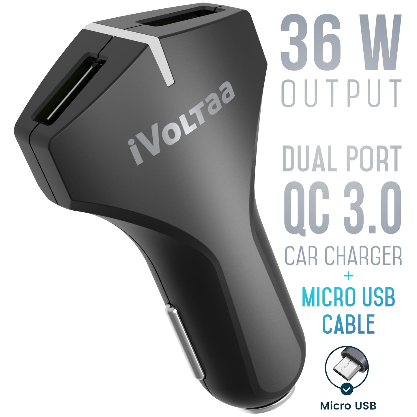 iVoltaa QC 3.0 Dual Port 36 W Turbo Car Charger with Type C Cable (Black)