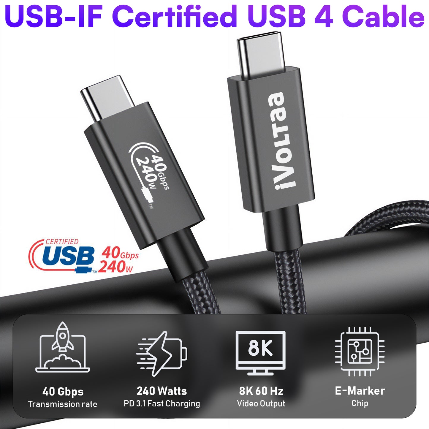 iVoltaa 40Gbps | 240W | USB C | USB 4 | 2nd Gen E- Marker | PD | 8K | USB-IF Certified
