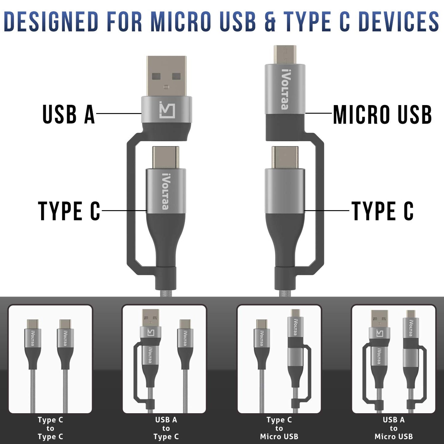 iVoltaa 4in1 PD 60W Type C/USB A to Type C/Micro USB Cable - (3.3 Feet - 1M)
