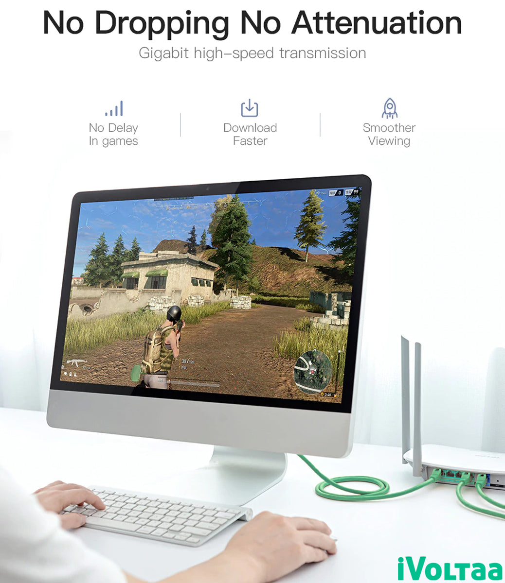 a person playing a game on a computer screen without any delay with ivoltaa shielded ethernet sftp cable