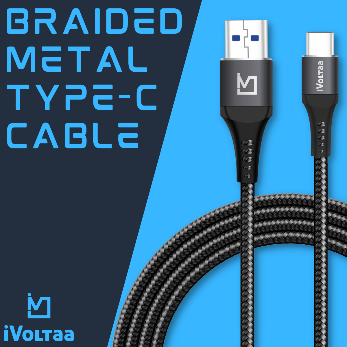 iVoltaa Braided & Metal 4A Sync & Fast Charge Type-C Cable (1 M / 3.3 Ft. Long - Black)…