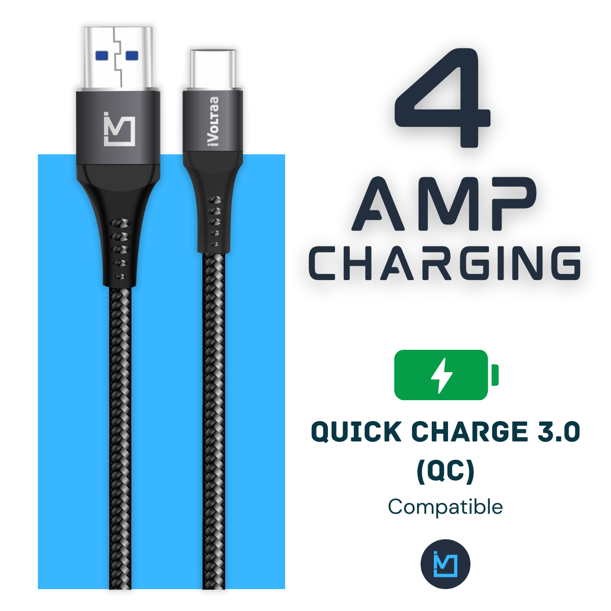 iVoltaa Braided & Metal 4A Sync & Fast Charge Type-C Cable (1 M / 3.3 Ft. Long - Black)…