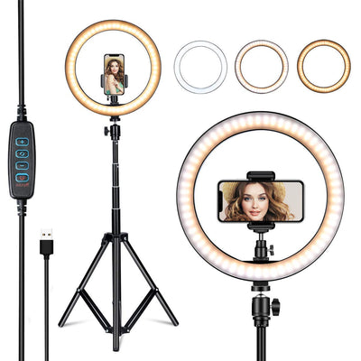 Set of 10 inch ring lights with 3 modes of color and 10 levels of brightness with tripod