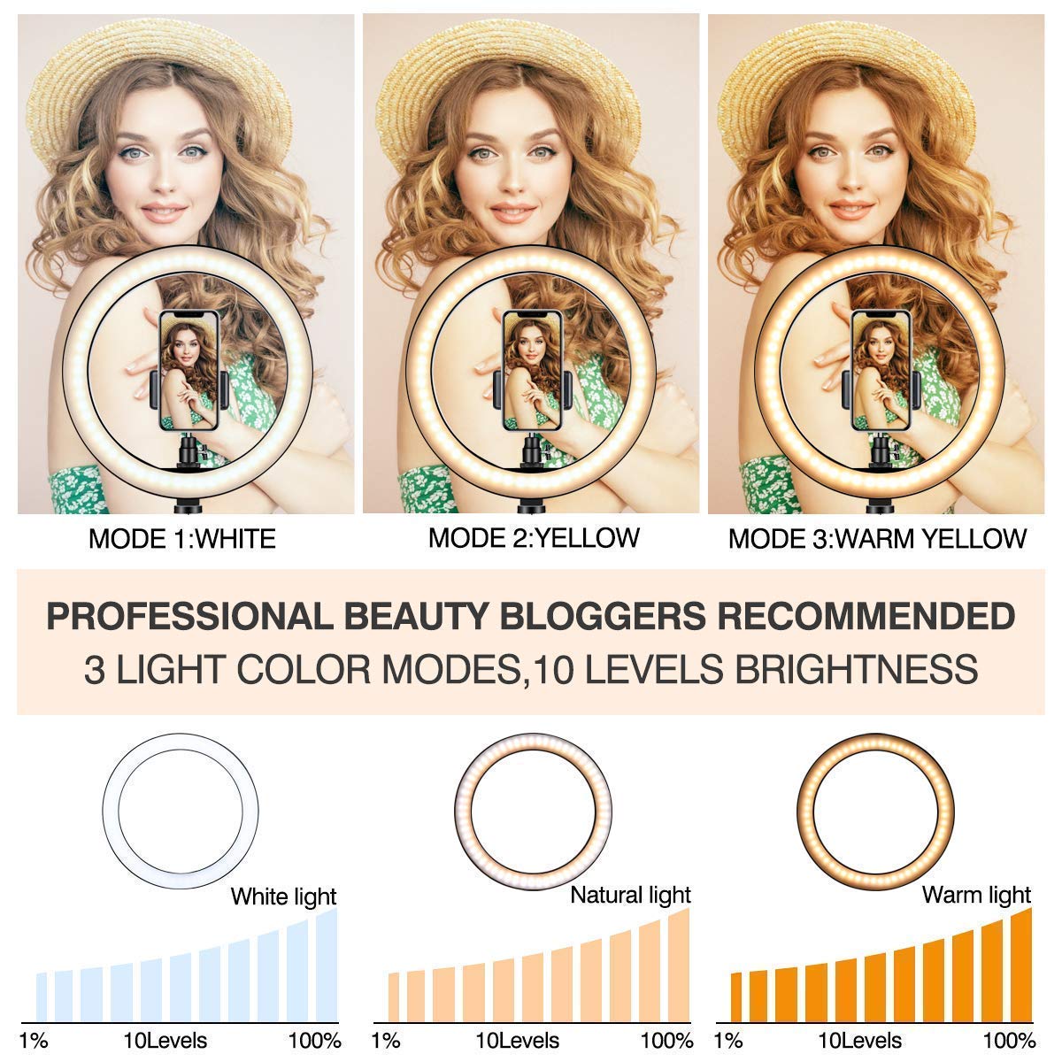 Three modes of light color and 10 levels of brightness enables you to create rich video content.