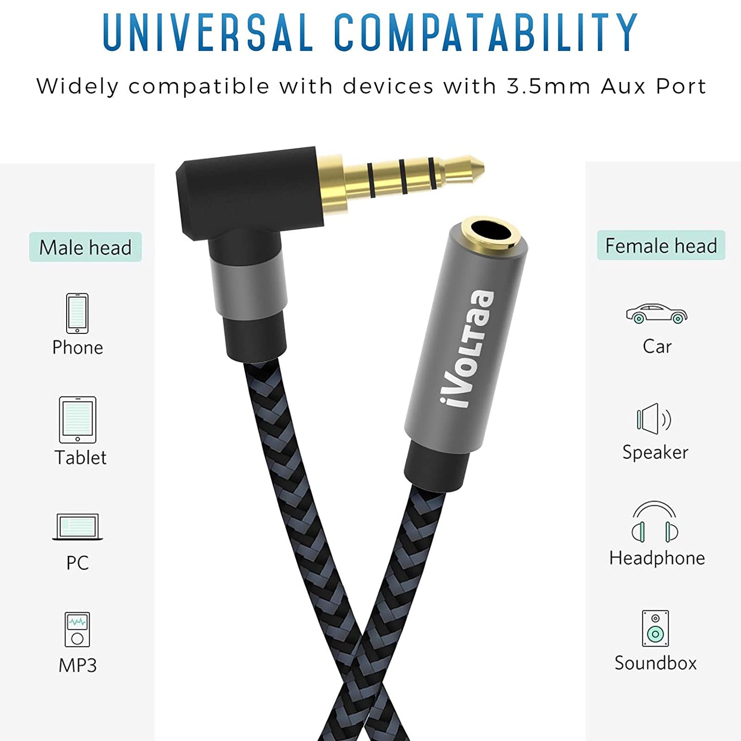 iVoltaa 3.5mm Metal Braided Male to Female Aux (Auxiliary) Audio Cable - 6 Feet (1.8 Meters) - Space Grey