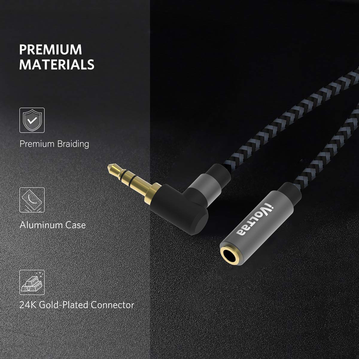 iVoltaa 3.5mm Metal Braided Male to Female Aux (Auxiliary) Audio Cable - 6 Feet (1.8 Meters) - Space Grey