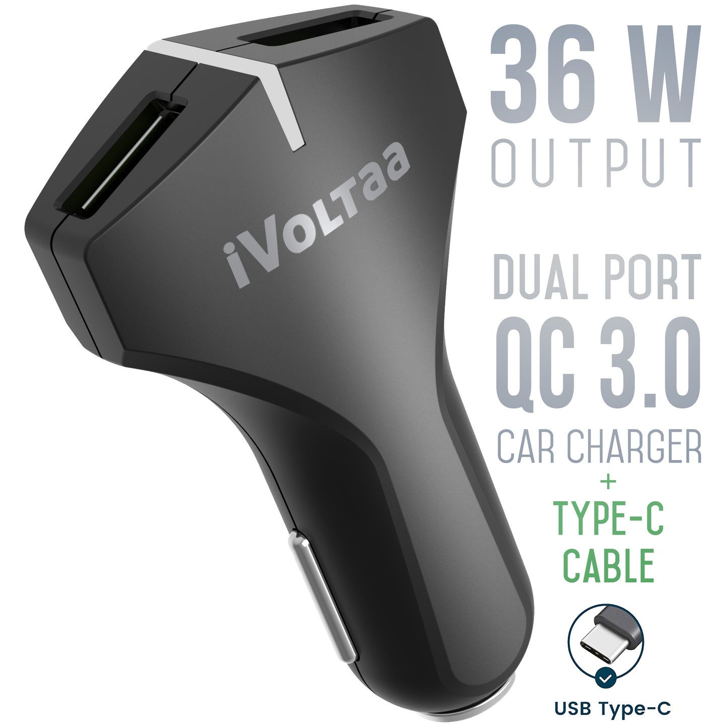 iVoltaa QC 3.0 Dual Port 36 W Turbo Car Charger with Type C Cable (Black)